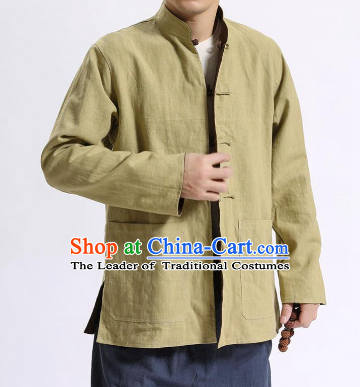 Traditional Top Chinese National Tang Suits Linen Front Opening Costume, Martial Arts Kung Fu Double-Color Reversible Brown-Wheat Overcoat, Chinese Kung fu Plate Buttons Thin Upper Outer Garment Jacket, Chinese Taichi Thin Coats Wushu Clothing for Men