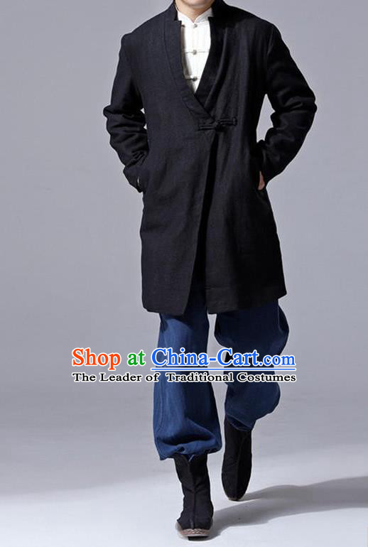 Traditional Top Chinese National Tang Suits Linen Slant Opening Costume, Martial Arts Kung Fu Black Overcoat, Chinese Kung fu Plate Buttons Thin Upper Outer Garment Jacket, Chinese Taichi Thin Dust Coats Wushu Clothing for Men