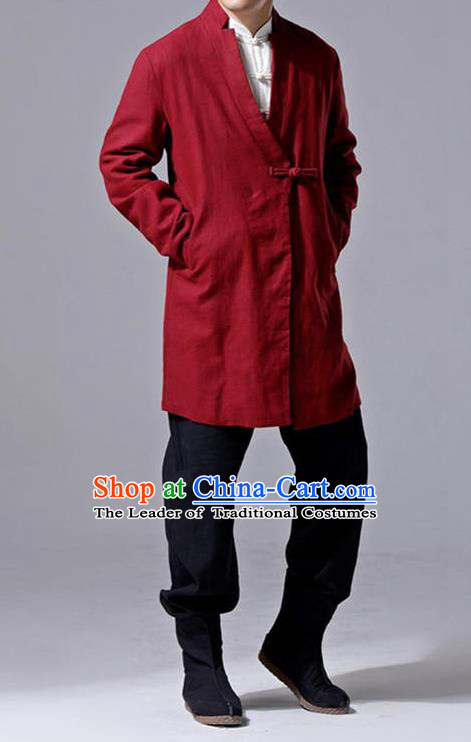 Traditional Top Chinese National Tang Suits Linen Slant Opening Costume, Martial Arts Kung Fu Red Overcoat, Chinese Kung fu Plate Buttons Upper Outer Garment Jacket, Chinese Taichi Thin Dust Coats Wushu Clothing for Men