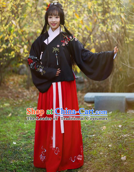 Traditional Ancient Chinese Female Costume Blouse and Dress Complete Set, Elegant Hanfu Clothing Chinese Ming Dynasty Palace Lady Embroidered Plum Blossom Clothing for Women