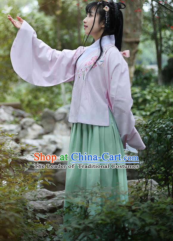 Traditional Ancient Chinese Female Costume Blouse and Skirt Complete Set, Elegant Hanfu Clothing Chinese Ming Dynasty Palace Lady Embroidered Peach Blossom Pink Clothing for Women