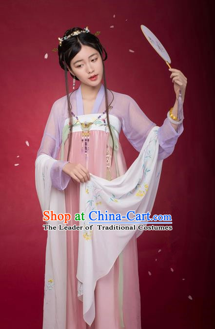 Traditional Ancient Chinese Female Costume Blouse and Dress Complete Set, Elegant Hanfu Clothing Chinese Ming Dynasty Palace Lady Embroidered Orchid Clothing for Women