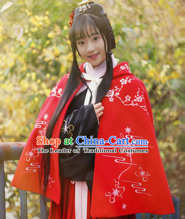 Traditional Ancient Chinese Female Costume Woolen Cardigan, Elegant Hanfu Short Cloak Chinese Ming Dynasty Palace Lady Embroidered Plum Blossom Hooded Red Cape Clothing for Women