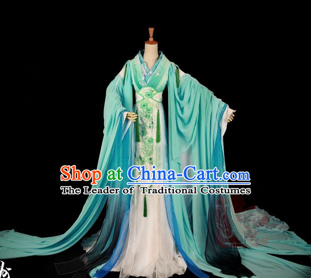 Traditional Asian Chinese Ancient Palace Princess Costume, Elegant Hanfu Wide Sleeve Light Blue Dress, Chinese Imperial Princess Tailing Clothing, Chinese Fairy Princess Empress Queen Cosplay Costumes for Women