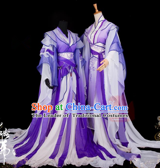 Traditional Asian Chinese Ancient Palace Couple Costume, Elegant Hanfu Wide Sleeve Violet Dress, Chinese Cosplay Swordsman Costumes for Women for Men