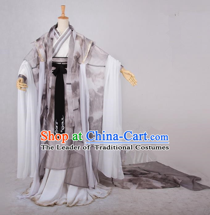 Traditional Asian Chinese Ancient Nobility Childe Costume, Elegant Hanfu Ink Painting Dress, Chinese Imperial Prince Tailing Clothing, Chinese Cosplay Swordsman Costumes for Men