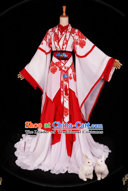 Traditional Ancient Chinese Imperial Consort Costume, Elegant Hanfu Ink Painting Dress Chinese Tang Dynasty Imperial Empress Printing Flowers Tailing Clothing for Women