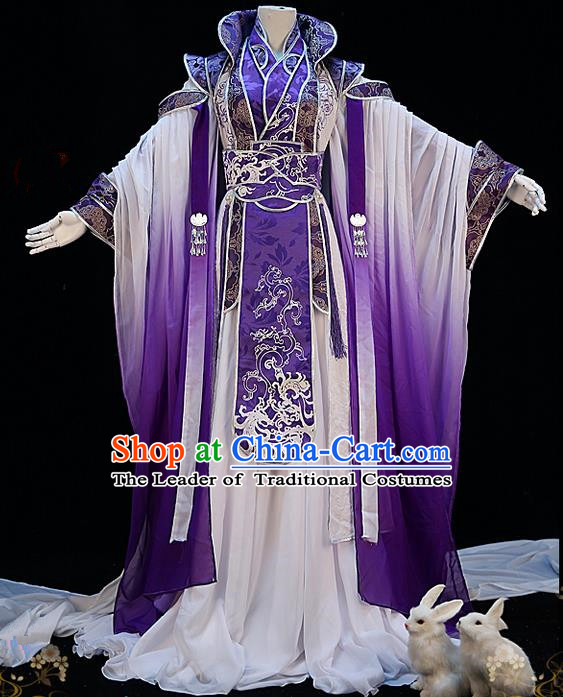 Traditional Ancient Chinese Palace Queen Costume, Elegant Hanfu Cosplay Fairy Purple Wide Sleeve Dress Chinese Han Dynasty Imperial Empress Embroidery Tailing Clothing for Women