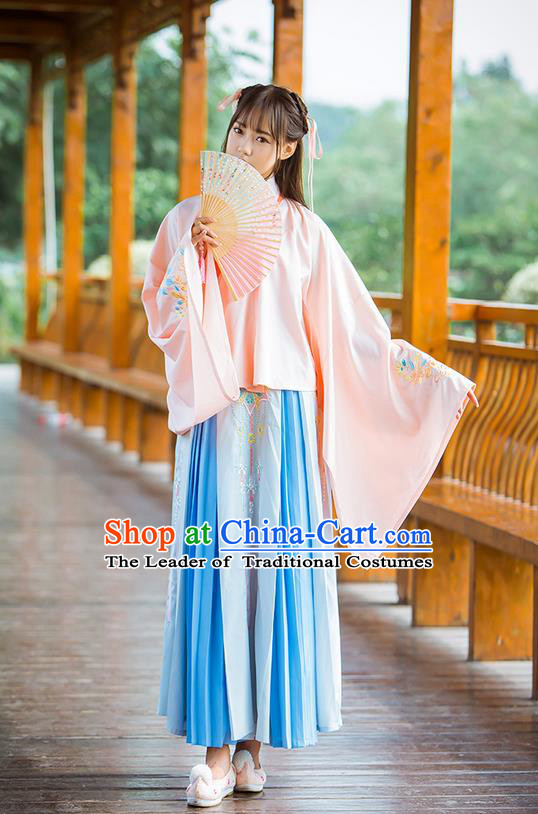 Traditional Ancient Chinese Female Costume Wide Sleeve Blouse and Skirt Complete Set, Elegant Hanfu Clothing Chinese Ming Dynasty Palace Lady Embroidered Peony Clothing for Women