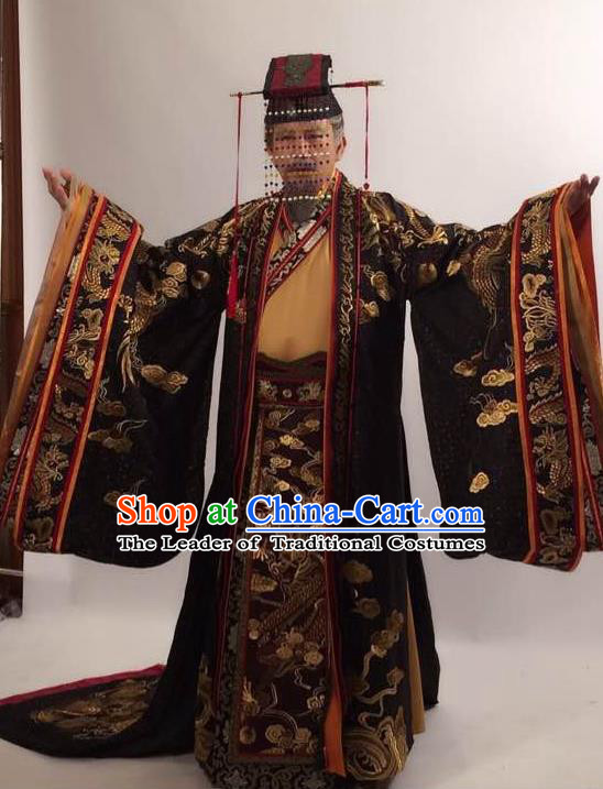 Traditional Ancient Chinese Imperial Emperor Costume and Hat Complete Set, Elegant Hanfu Palace King Robe, Chinese Tang Dynasty Majesty Embroidered Dragon Clothing and Headwear for Men