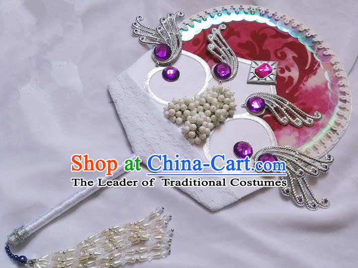 Traditional Chinese Handmade Ancient Hanfu Pearl Fan Props for Women