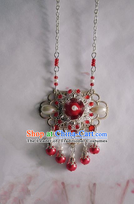 Traditional Handmade Chinese Ancient Classical Accessories Necklace Red Pearl Longevity Lock for Women
