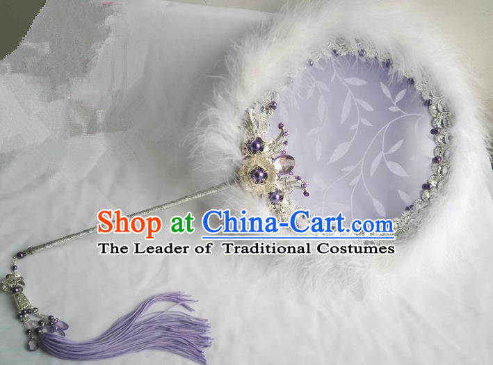 Traditional Chinese Handmade Ancient Hanfu Cosplay Purple Feather Round Fan Props for Women