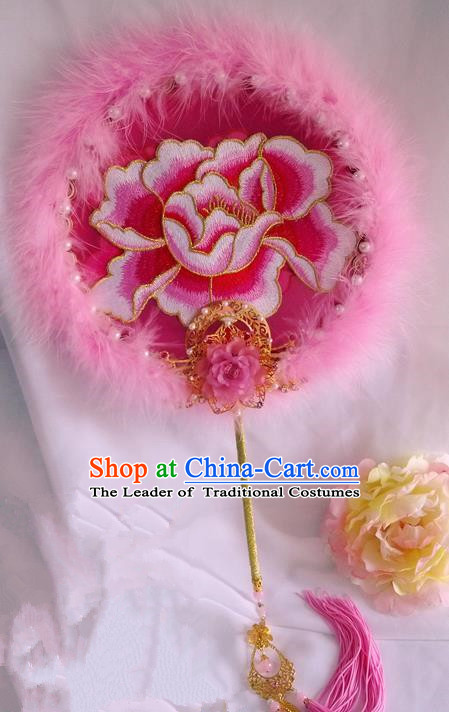 Traditional Chinese Handmade Ancient Hanfu Cosplay Round Embroidered Peony Fan Props for Women