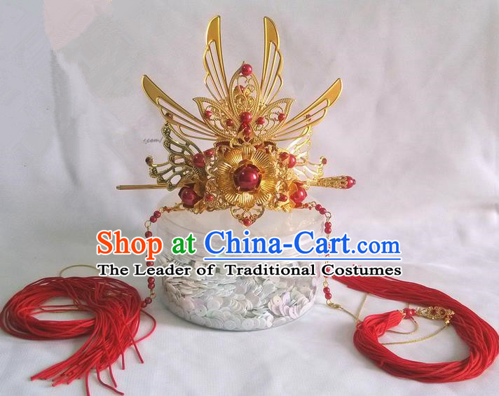 Traditional Handmade Chinese Ancient Classical Hair Accessories Male Wedding Hairdo Crown, Hair Sticks Hair Jewellery, Hair Tassel Hairpins for Men