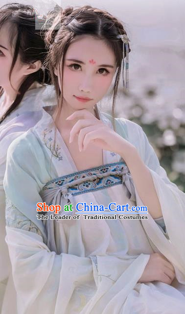 Traditional Ancient Chinese Female Costume Blouse and Dress Complete Set, Elegant Hanfu Clothing Chinese Tang Dynasty Embroidering Pavilions Palace Princess Light Green Clothing for Women