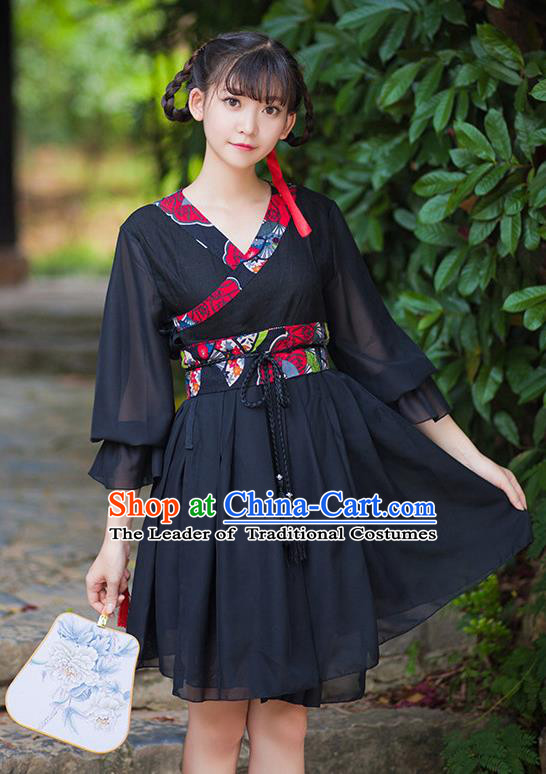 Traditional Ancient Chinese Female Costume Improved Black Dress Complete Set, Elegant Hanfu Clothing Chinese Ming Dynasty Palace Princess Clothing for Women
