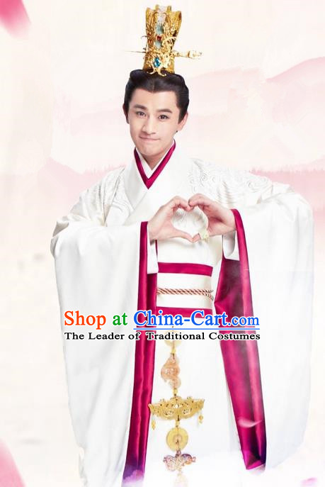 Traditional Ancient Chinese Imperial Emperor Costume and Hat Complete Set, Elegant Hanfu Palace Prince Robe, Chinese Han Dynasty Majesty Embroidered Dragon Clothing and Headwear for Men