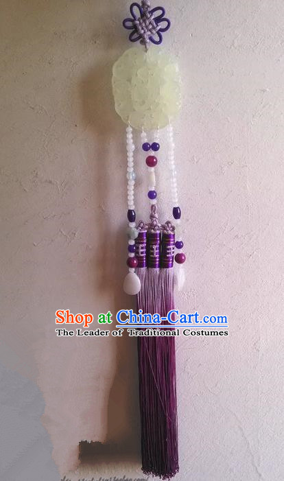 Traditional Chinese Handmade Ancient Hanfu Waist Jewelry Jade Wearing Purple Agate Flowers Pendant Sword Tassel for Women