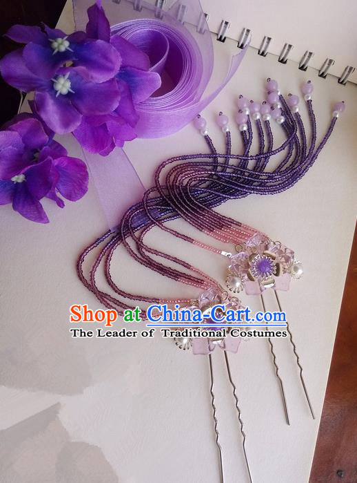 Traditional Handmade Chinese Ancient Classical Blue Flowers Hair Accessories, Flowers Hair Sticks Long Tassel Hair Claws, Hair Fascinators Hairpins for Women