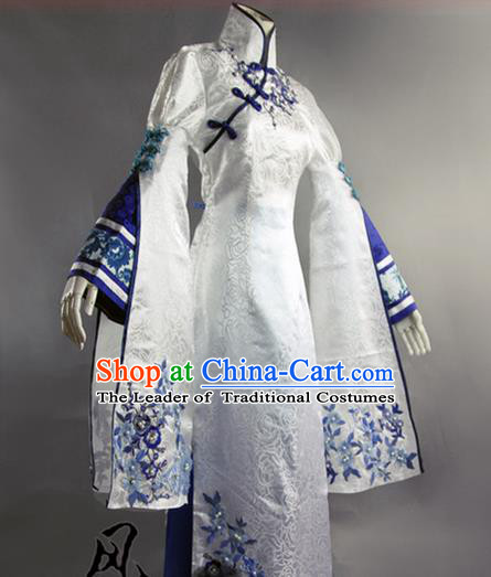 Traditional Ancient Chinese Imperial Consort Costume Blue and White Cheongsam, Elegant Hanfu Clothing Chinese Qing Dynasty Manchu Imperial Empress Cosplay Fairy Tailing Embroidered Cheongsam for Women
