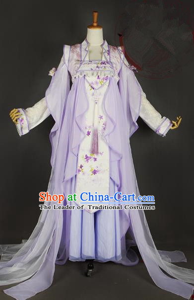 Traditional Ancient Chinese Imperial Consort Lavender Costume, Elegant Hanfu Clothing Chinese Tang Dynasty Imperial Empress Cosplay Fairy Tailing Embroidered Dress for Women