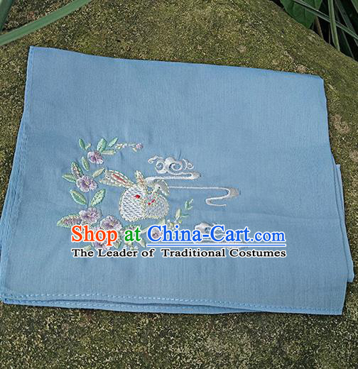 Traditional Ancient Chinese Embroidered Hanfu Handkerchief Embroidered Rabbit Blue Silk Mocket for Women