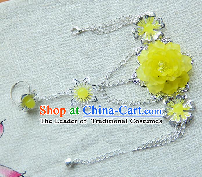 Traditional Handmade Chinese Ancient Princess Classical Accessories Jewellery Yellow Flowers Bracelets Chain Bracelet with Ring for Women