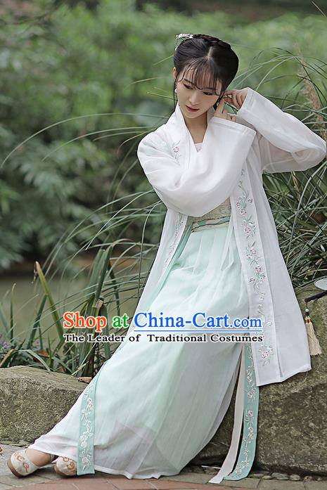 Traditional Ancient Chinese Female Costume Embroidered Flowers Cardigan Blouse and Dress Complete Set, Elegant Hanfu Clothing Chinese Ming Dynasty Embroidered Palace Princess Clothing for Women