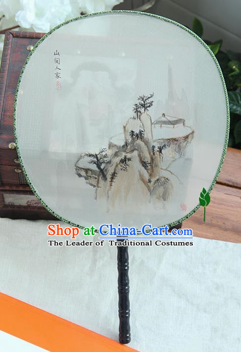 Traditional Handmade Ancient Chinese Tang Dynasty Imperial Princess Painting Landscape Palace Lady Round Hanfu Silk Fan for Women