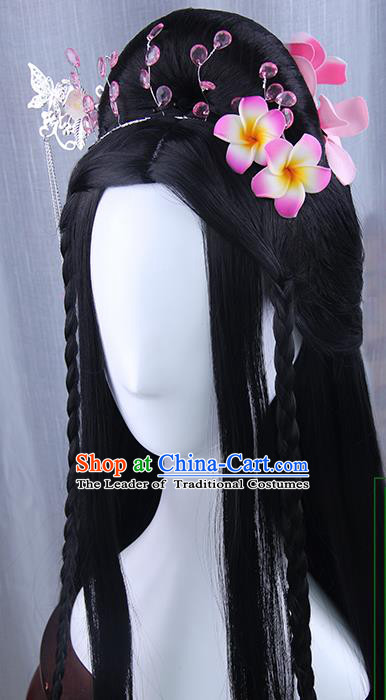 Traditional Handmade Ancient Chinese Tang Dynasty Imperial Empress Hair Decoration and Wig Complete Set, Ancient Chinese Cosplay Fairy Queen Flowers Hairpin and Wig for Women