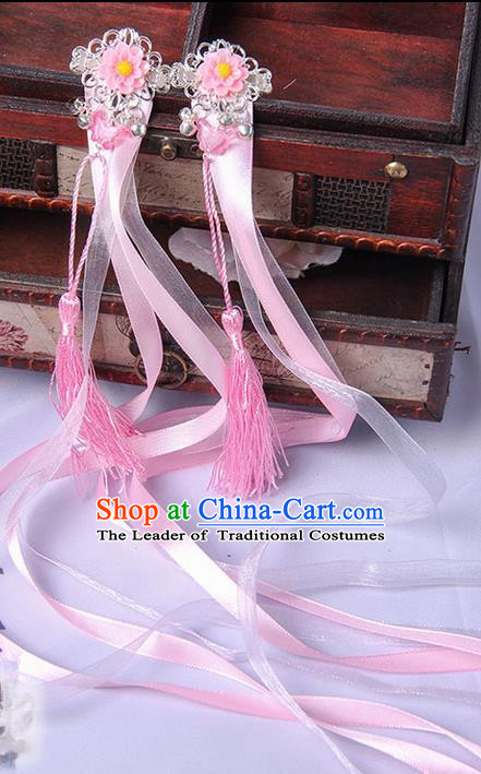 Traditional Handmade Chinese Ancient Princess Classical Hanfu Accessories Jewellery Pink Long Ribbons Bells Hair Sticks Hair Claws, Tassel Hair Fascinators Hairpins for Women