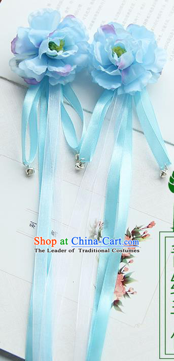Traditional Handmade Chinese Ancient Princess Classical Hanfu Accessories Jewellery Long Ribbon Bells Silk Flowers Hair Sticks Hair Claws, Tassel Hair Fascinators Hairpins for Women