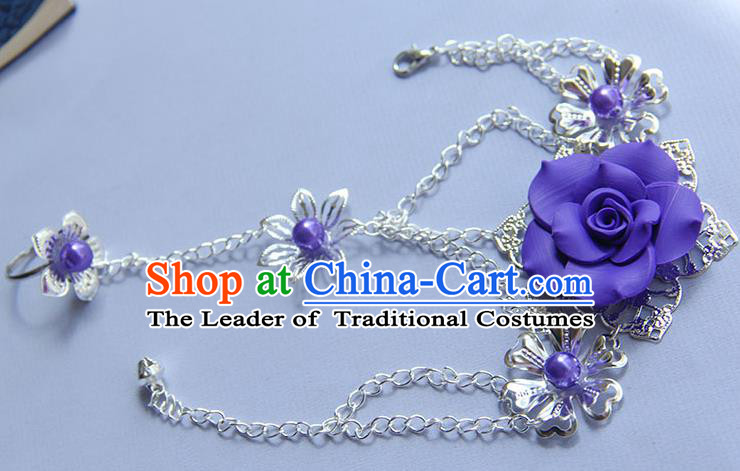 Traditional Handmade Chinese Ancient Princess Classical Hanfu Accessories Jewellery Purple Flower Bracelet and Ring Chain for Women