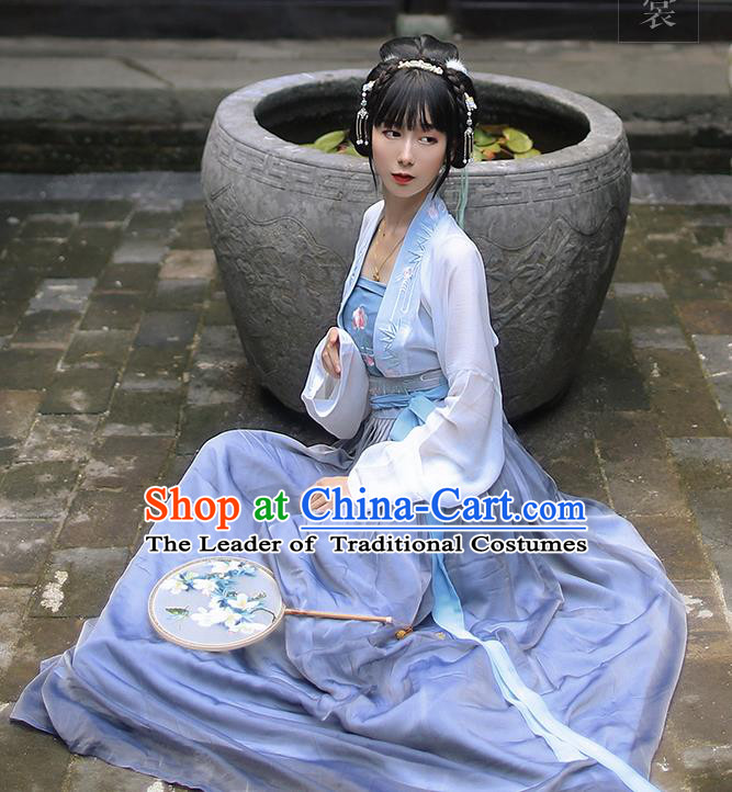 Traditional Ancient Chinese Female Costume Embroidered Two Pieces Blouse and Dress Complete Set, Elegant Hanfu Clothing Chinese Tang Dynasty Embroidered Peony Palace Princess Dress for Women