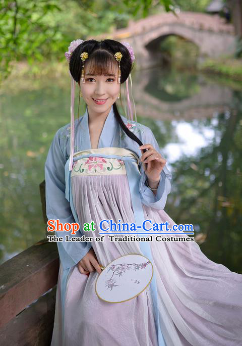 Traditional Ancient Chinese Female Costume Embroidered Flowers Blue Blouse and Dress Complete Set, Elegant Hanfu Clothing Chinese Tang Dynasty Embroidered Palace Princess Clothing for Women
