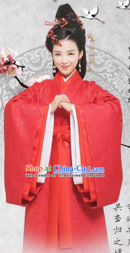 Traditional Ancient Chinese Imperial Empress Wedding Costume, Elegant Hanfu Bride Red Dress Chinese Han Dynasty Imperial Princess Tailing Embroidered Clothing for Women