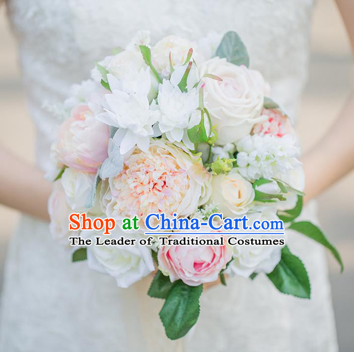 Top Grade Classical Wedding Silk Flowers, Bride Holding Emulational Pink Champagne Flowers, Hand Tied Bouquet Flowers for Women