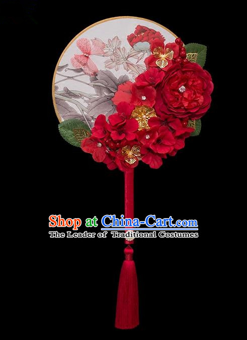 Traditional Handmade Chinese Ancient Classical Wedding Accessories, Bride Wedding Flowers Round Fan, Hanfu Xiuhe Suit Palace Red Fan for Women