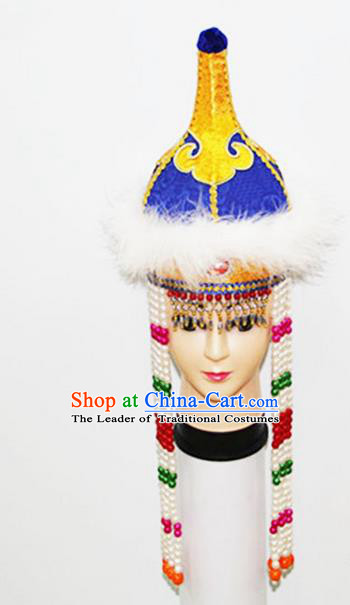 Traditional Chinese Top Grade Mongol Nationality Dancing Accessories Headdress, Mongolian Children Folk Dance Ethnic Headwear China Minority Palace Princess Dance Bead Blue Hat for Kids