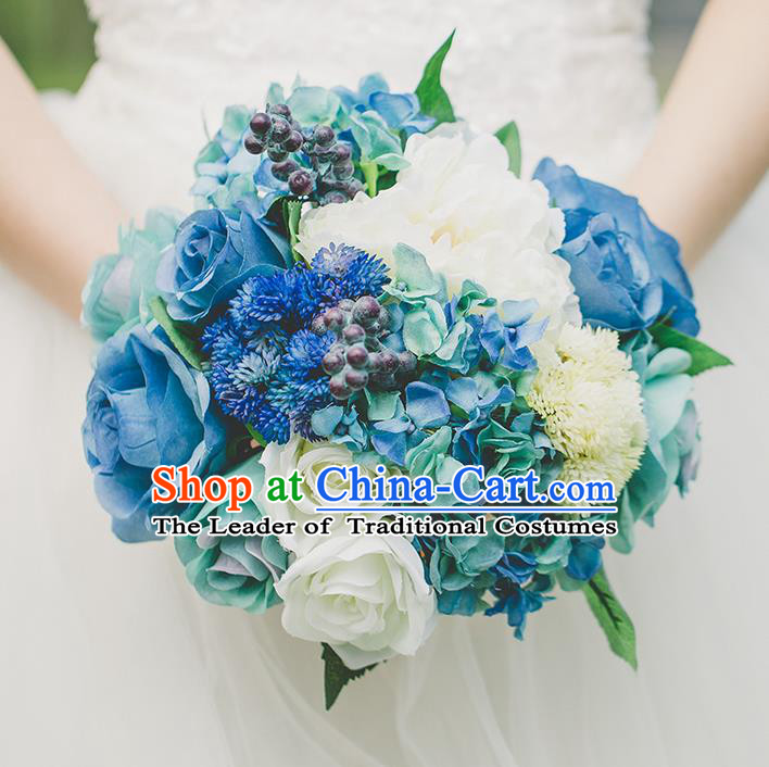 Top Grade Classical Wedding Silk Flowers, Bride Holding Emulational Flowers, Hand Tied Bouquet Blue Flowers for Women
