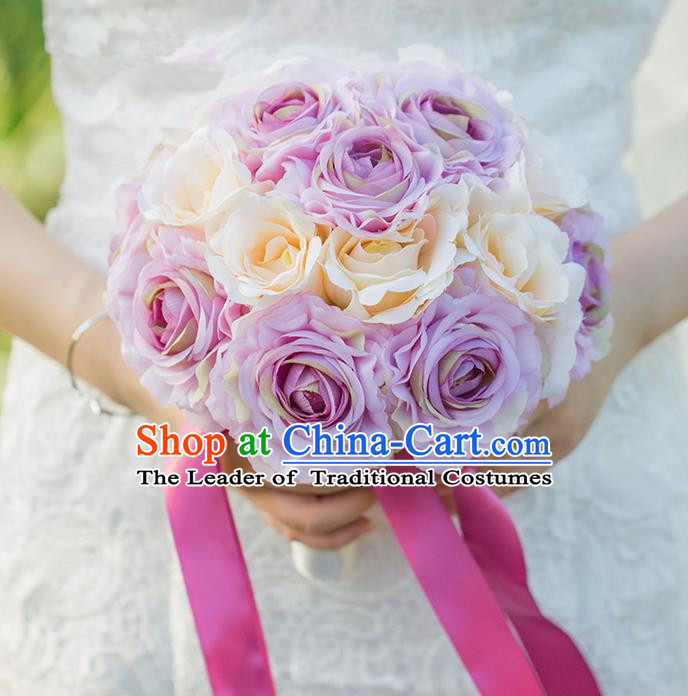 Top Grade Classical Wedding Silk Flowers Purple Flowers Ball, Bride Holding Emulational Flowers, Hand Tied Bouquet Flowers for Women