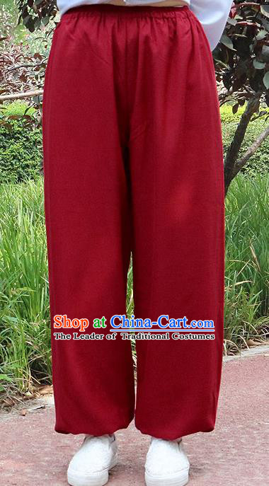 Traditional Chinese Top Linen Kung Fu Costume Martial Arts Kung Fu Training Red Pants, Tang Suit Gongfu Shaolin Wushu Clothing Tai Chi Taiji Teacher Trousers for Men