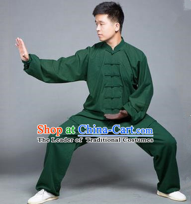 Traditional Chinese Top Flax Kung Fu Costume Martial Arts Kung Fu Training Green Uniform, Tang Suit Gongfu Shaolin Wushu Clothing, Tai Chi Taiji Teacher Suits Uniforms for Men