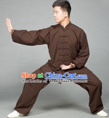 Traditional Chinese Top Flax Kung Fu Costume Martial Arts Kung Fu Training Brown Uniform, Tang Suit Gongfu Shaolin Wushu Clothing, Tai Chi Taiji Teacher Suits Uniforms for Men