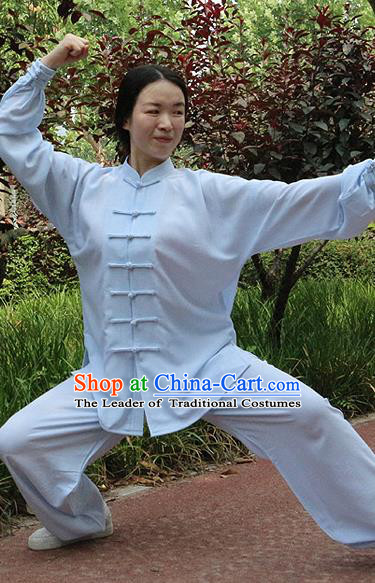 Traditional Chinese Top Linen Kung Fu Costume Martial Arts Kung Fu Training Blue Uniform, Tang Suit Gongfu Shaolin Wushu Clothing, Tai Chi Taiji Teacher Suits Uniforms for Women