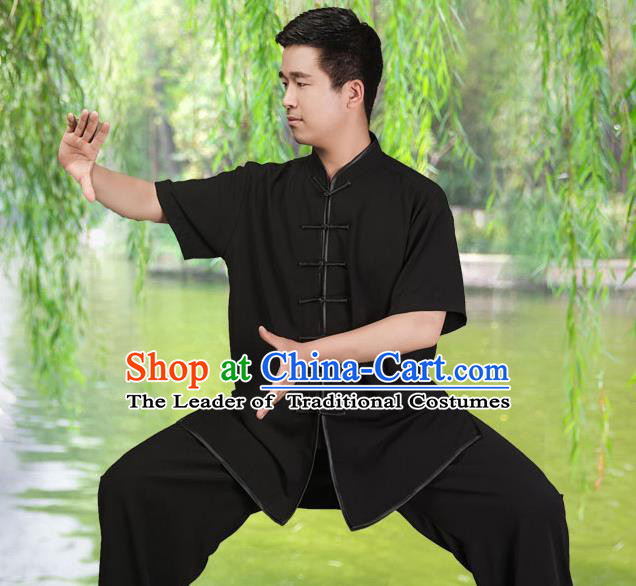 Traditional Chinese Top Silk Cotton Kung Fu Costume Martial Arts Kung Fu Training Short Sleeve Black Uniform, Tang Suit Gongfu Shaolin Wushu Clothing, Tai Chi Taiji Teacher Suits Uniforms for Men