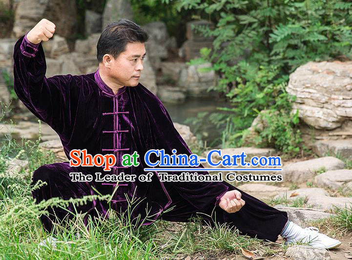 Traditional Chinese Top Pleuche Kung Fu Costume Martial Arts Kung Fu Training Purple Uniform, Tang Suit Gongfu Shaolin Wushu Clothing, Tai Chi Taiji Teacher Suits Uniforms for Men