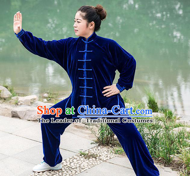 Traditional Chinese Top Pleuche Kung Fu Costume Martial Arts Kung Fu Training Royalblue Plated Buttons Uniform, Tang Suit Gongfu Shaolin Wushu Clothing, Tai Chi Taiji Teacher Suits Uniforms for Women