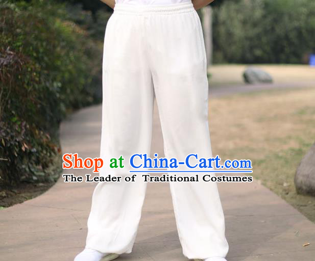 Traditional Chinese Top Linen Kung Fu Costume Martial Arts Kung Fu Training White Pants, Tang Suit Gongfu Shaolin Wushu Clothing Tai Chi Taiji Teacher Trousers for Men